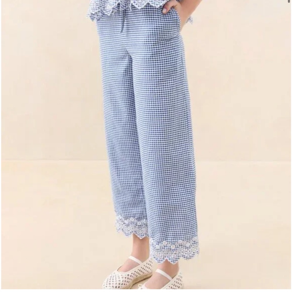 NWOT Loeffler Randal Blake Blue Gingham Emboidered Pant, medium